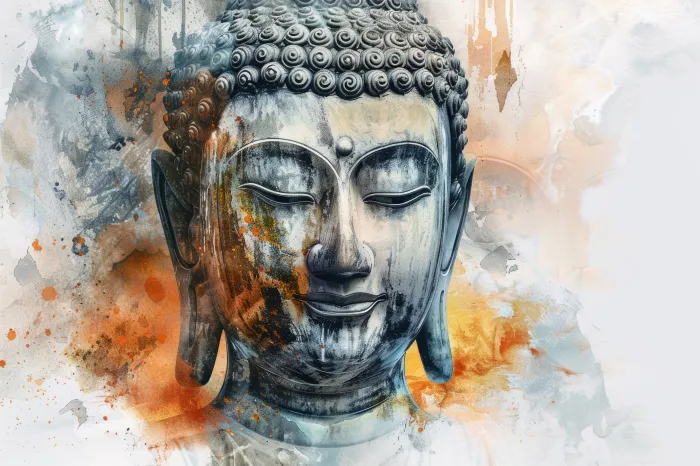 Abstract watercolor print of Lord Buddha's peaceful face with closed eyes in slate grey and warm orange tones. | PrintPosters.in